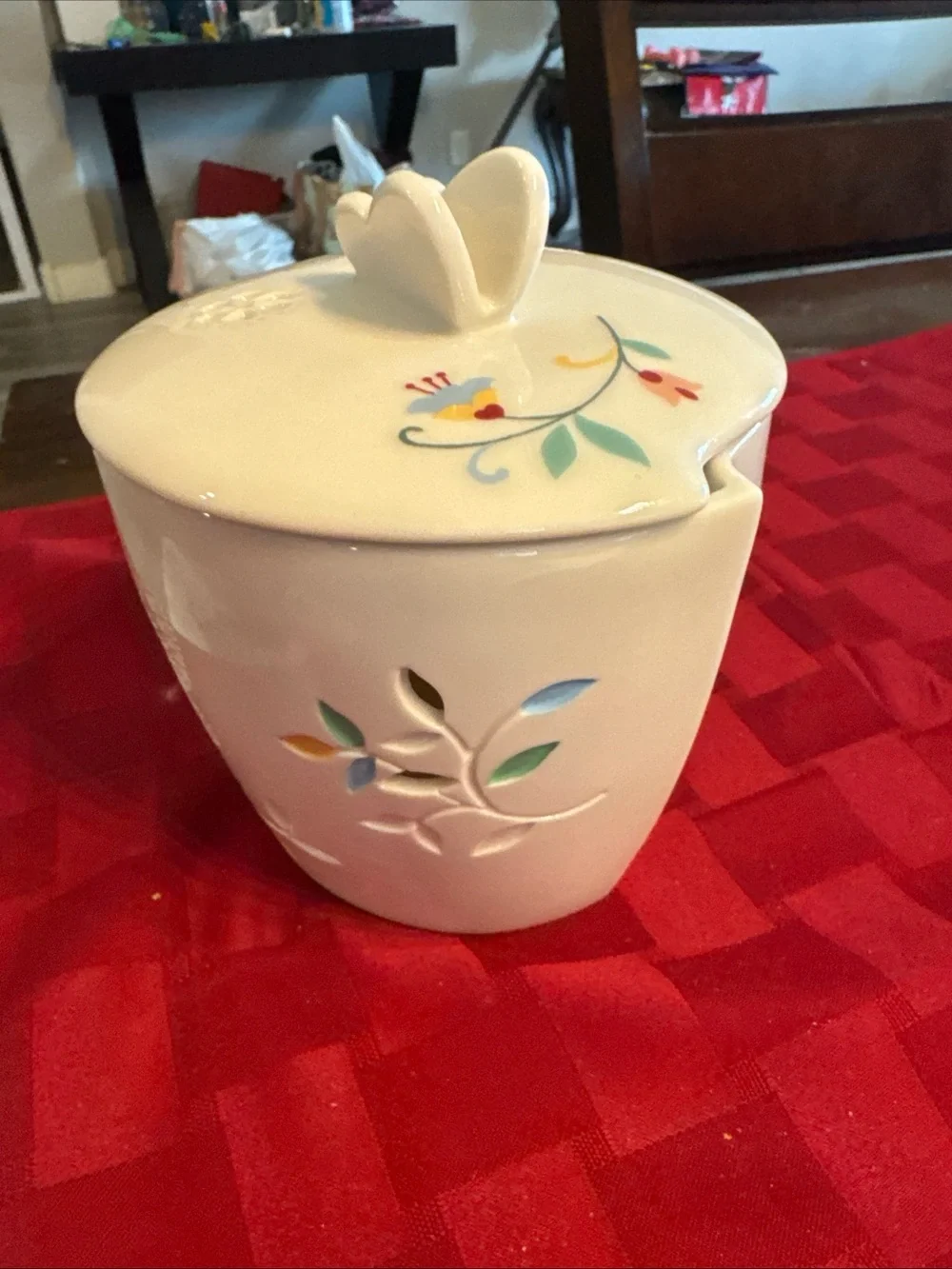 Croscill butterfly Top Ceramic Canister with Bird Motif - White & Red